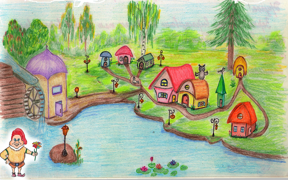 Рисунок из книги Кристальное семечко: домики гномов вокруг озера