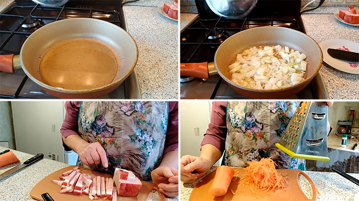Процесс обжарки лука, грудинки и моркови для солянки